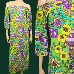 Vintage 60s 70s Psychedelic Print Maxi lounge Dress Groovy Bright Colors Size S